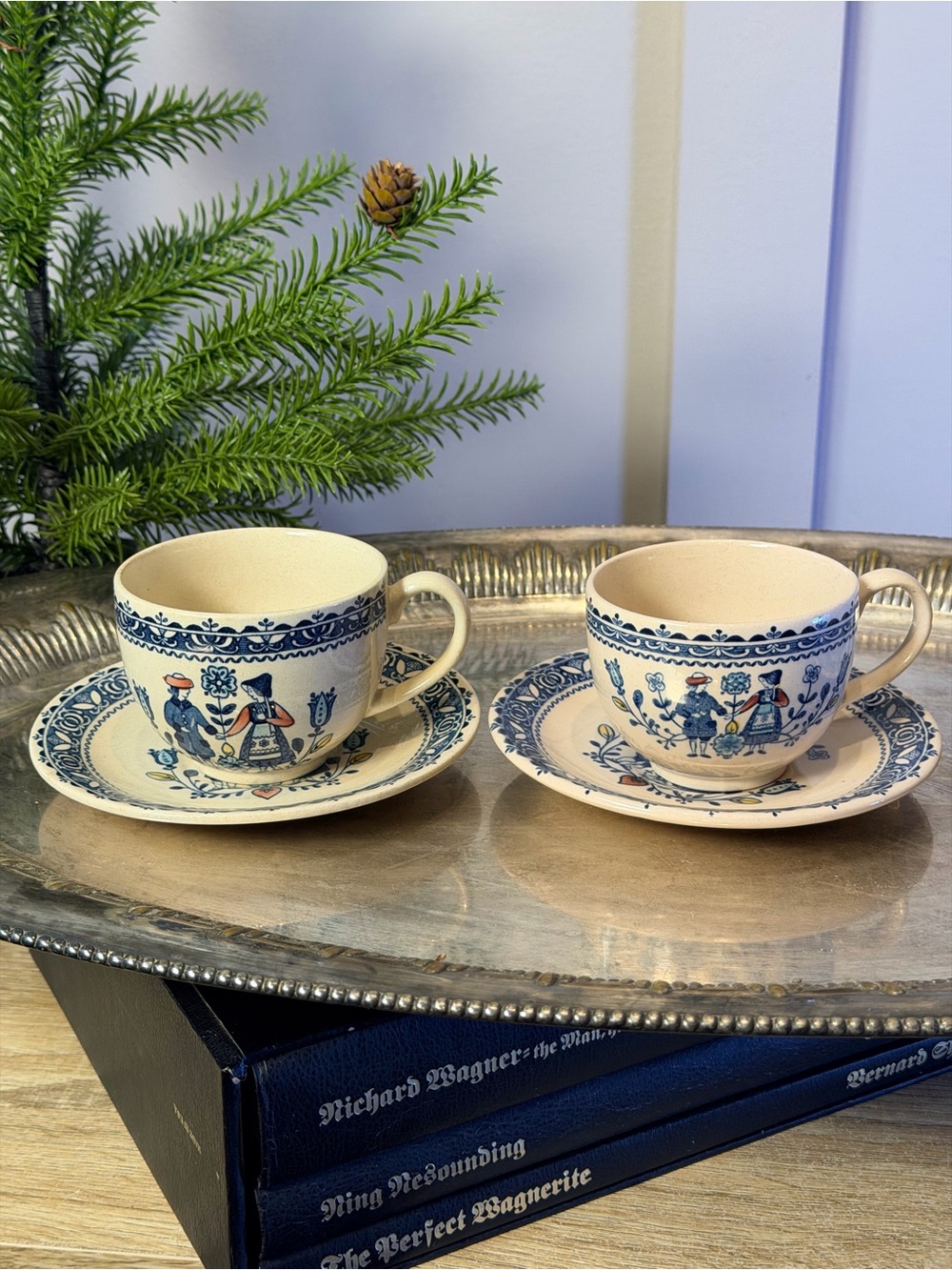 Vintage Johnson Bros Tea cup Saucer 2 Set Granite Series Hearts Flowers People